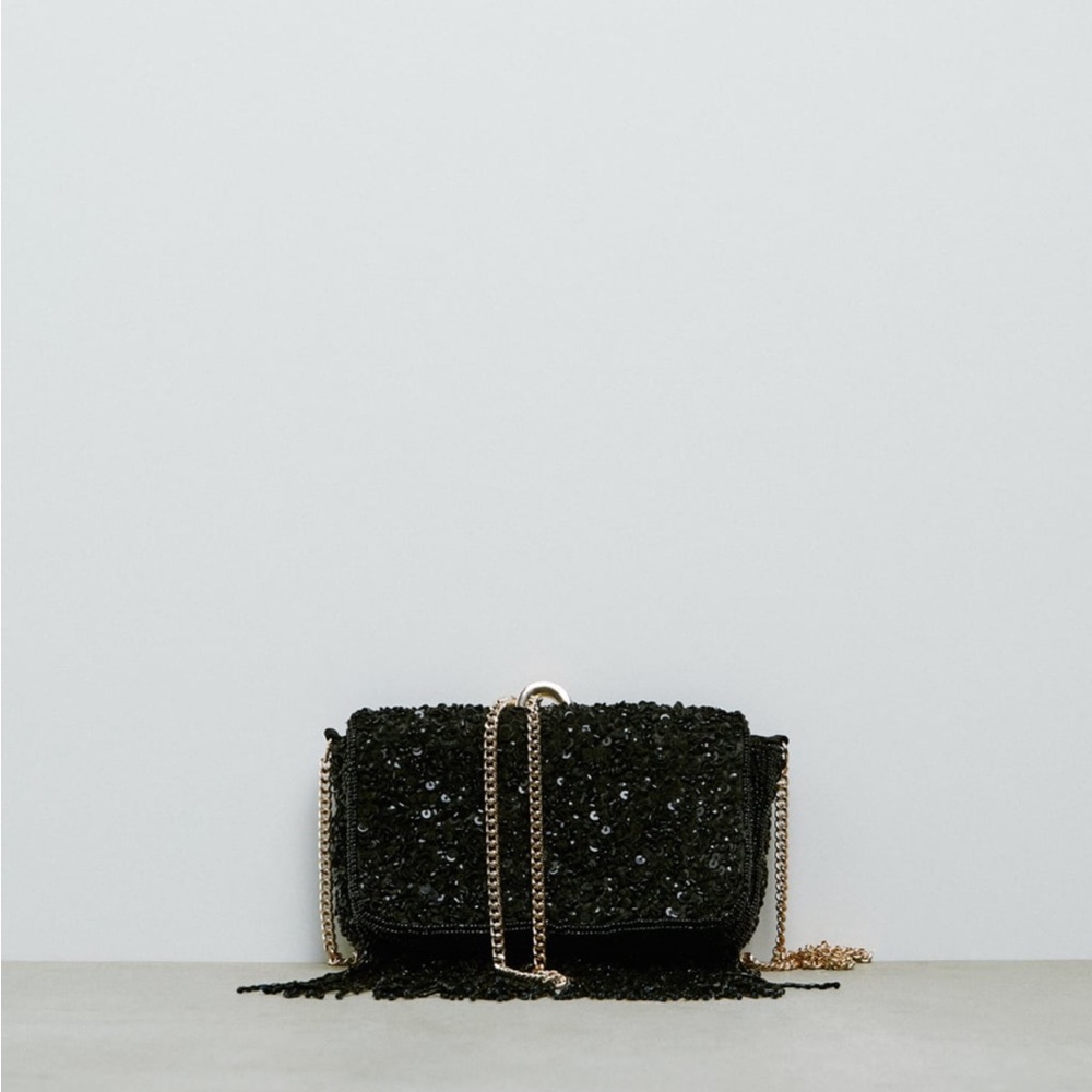 Zara fringed sequin crossbody bag black NWT